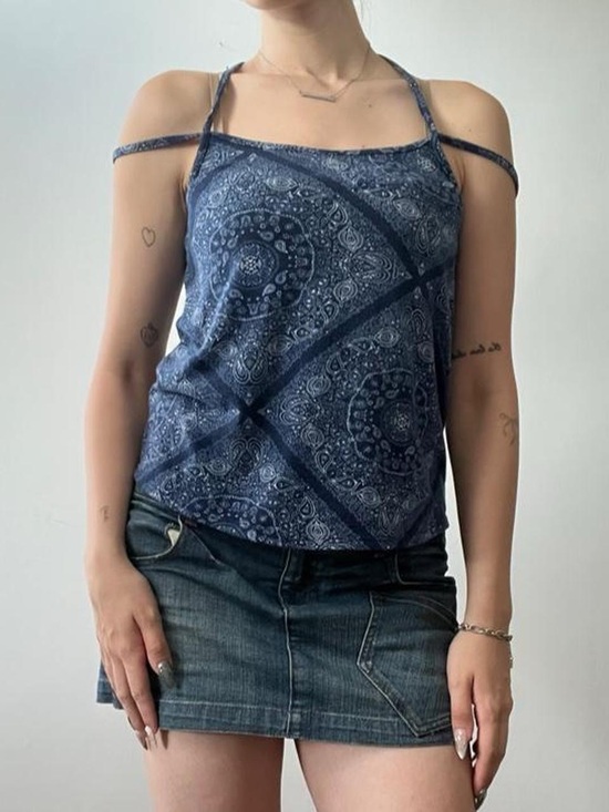 Timing Tops - Size Small Crochet Detail Blue Patterned Tank Top